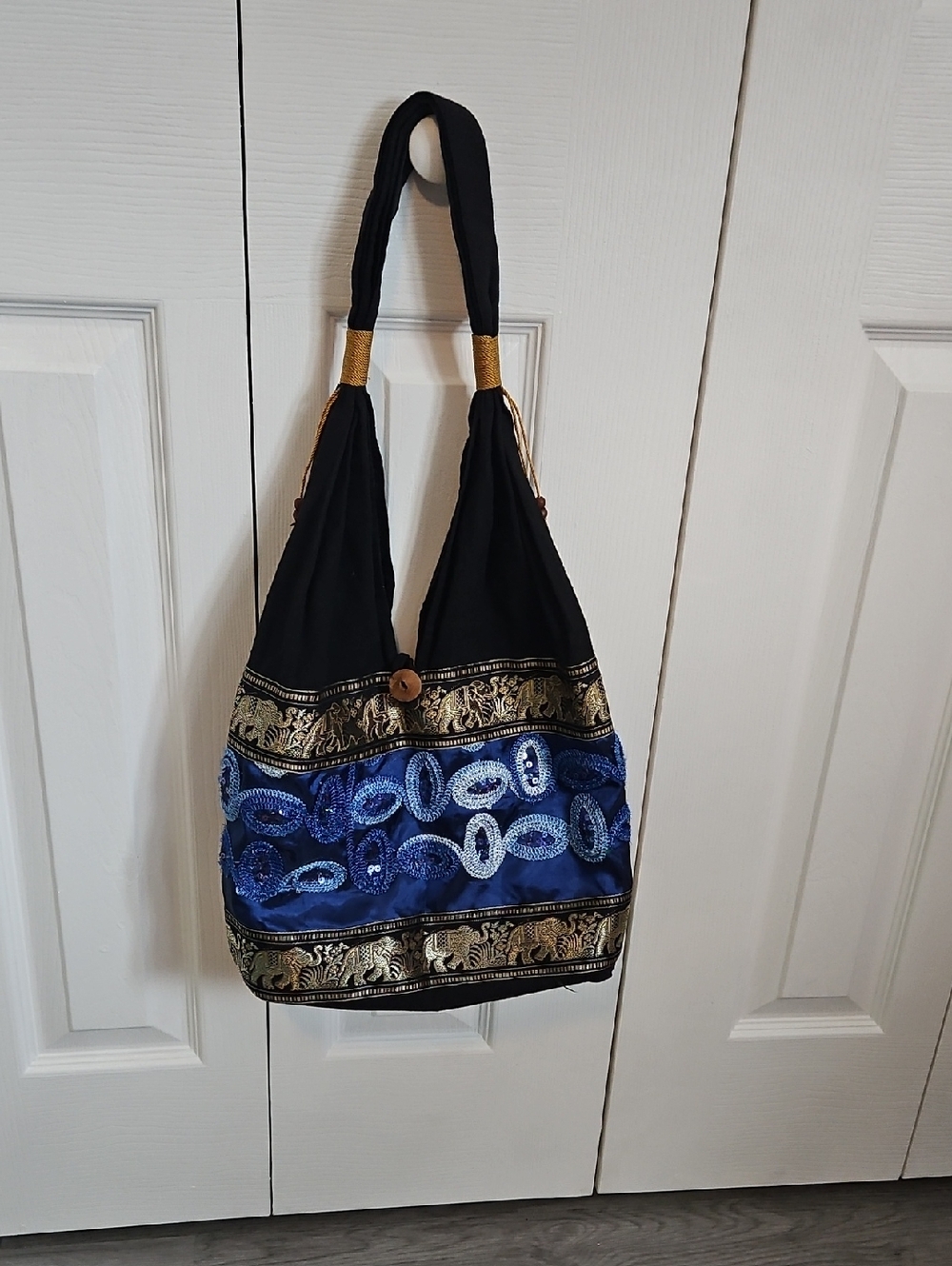 Black and Blue Embroidered Shoulder Bag, ELEPHANT PATTERN with Gold Trim, BUTTON